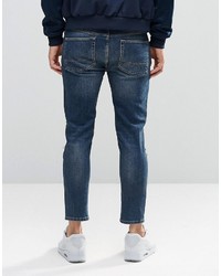 Asos Skinny Cropped Jeans With Extreme Knee Rips In Blue Wash