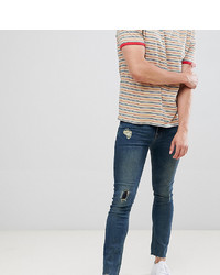 ASOS DESIGN Super Skinny Jeans In Dark Blue Wash With Rip And Repair