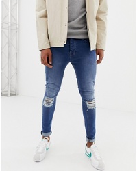 Voi Jeans Super Skinny Jeans In Mid Blue With Knee Rips