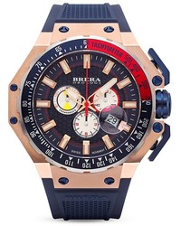 Brera Orologi Gran Turismo 14k Rose Gold And Navy Blue Ionic Plated Stainless Steel Watch With Navy Blue Rubber Strap 54mm