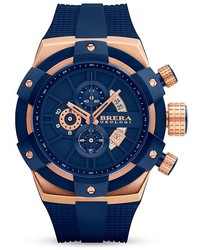 Brera Orologi Supersportivo 14k Rose Gold And Navy Blue Ionic Plated Stainless Steel Watch With Navy Blue Rubber Band 48mm