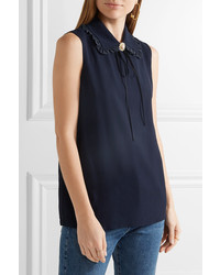 Miu Miu Embellished Ruffled Silk Trimmed Crepe Top Navy