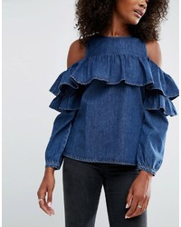 Asos Ruffle Front Cold Shoulder Top In Blue