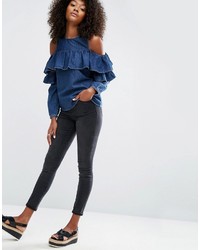 Asos Ruffle Front Cold Shoulder Top In Blue