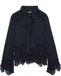 See by Chloe See By Chlo Pussy Bow Ruffled Printed Georgette Blouse Storm Blue