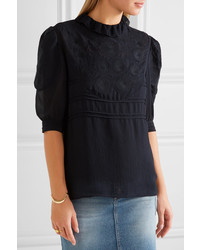 See by Chloe See By Chlo Ruffled Embroidered Georgette Blouse Navy
