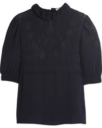 See by Chloe See By Chlo Ruffled Embroidered Georgette Blouse Navy