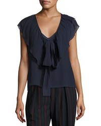 See by Chloe V Neck Tie Front Ruffled Chiffon Top Blue