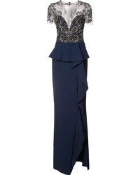 Marchesa Notte Embroidered Ruffle Detail Dress