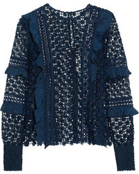 Self-Portrait Ruffled Crepe Trimmed Guipure Lace Top Midnight Blue