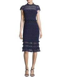 Navy Ruffle Lace Midi Dress