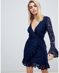 Love Triangle Lace Wrap Dress With Ruffle Cuff And Hem In Navy