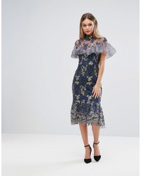 Three floor Embroidered Midi Dress With Ruffle Detail