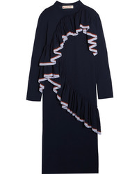 Marni Ruffled Knitted Midi Dress Navy
