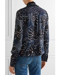 Markus Lupfer Ruffle Trimmed Printed Silk Crepe De Chine Blouse Midnight Blue