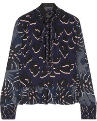 Markus Lupfer Ruffle Trimmed Printed Silk Crepe De Chine Blouse Midnight Blue