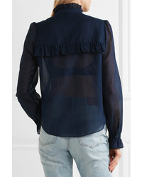 Temperley London Strawberry Ruffled Cotton And Silk Blend Blouse Navy