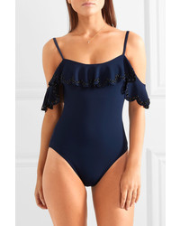 Karla Colletto Temptation Off The Shoulder Ruffled Embellished Swimsuit Navy