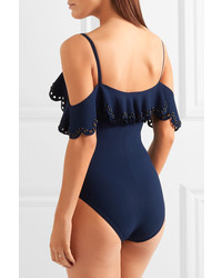 Karla Colletto Temptation Off The Shoulder Ruffled Embellished Swimsuit Navy