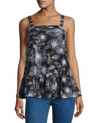 Co Embroidered Floral Leaf Ruffle Top Navy