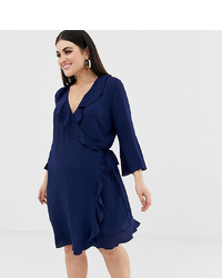 Outrageous Fortune Plus Ruffle Wrap Dress With Fluted Sleeve In Navy