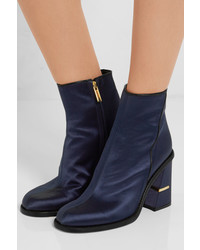 Tibi Nora Leather Trimmed Satin Ankle Boots Navy