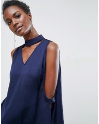 Asos Cold Shoulder Satin Swing Top With Deep Plunge And Choker Detail