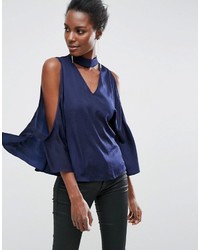 Asos Cold Shoulder Satin Swing Top With Deep Plunge And Choker Detail