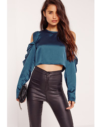 Missguided Satin Frill Cold Shoulder Crop Blouse Navy
