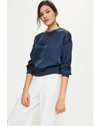 Missguided Navy Satin Long Sleeve Crop Top