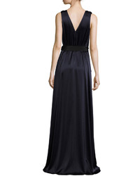 St. John Collection Liquid Satin V Neck Gown With Twisted Straps Navy