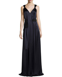 St. John Collection Liquid Satin V Neck Gown With Twisted Straps Navy