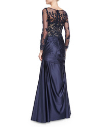 La Femme Long Sleeve Ruched Lace Satin Gown Navy