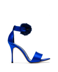 Manolo Blahnik Blue Trespola 105 Satin Fur Sandals