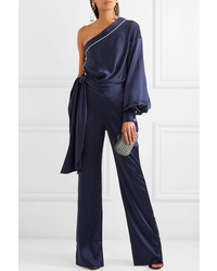 JONATHAN SIMKHAI One Shoulder Tie Front Satin Jumpsuit Midnight Blue