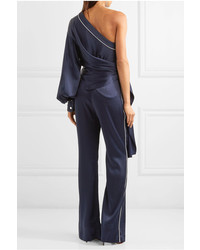 JONATHAN SIMKHAI One Shoulder Tie Front Satin Jumpsuit Midnight Blue