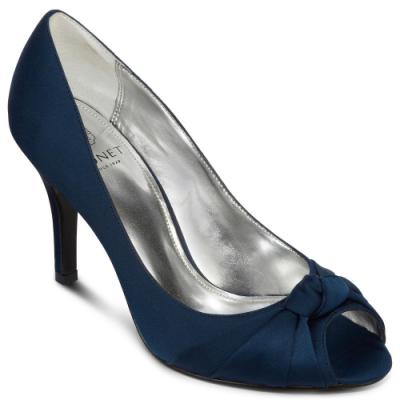 navy satin peep toe shoes