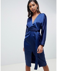 ASOS DESIGN Midi Dress With Batwing Sleeve And Wrap Waist In Satin