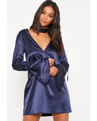 Missguided Navy Two Piece Choker Neck Plunge Satin Shift Dress
