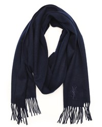 Saint Laurent Yves Navy Wool Knit Fringed Scarf