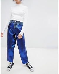 ASOS DESIGN Sequin Boyfriend Jeans In Mid Wash Blue