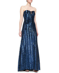 Badgley Mischka Collection Strapless Sequin Gown With Mesh Accent Bodice Navy