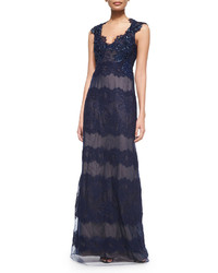 Marchesa Cap Sleeve Lace Keyhole Back Gown