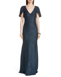 St. John Evening Cape Sleeve Shimmer Sequin Knit Gown