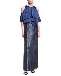 Aidan Mattox Cold Shoulder Charmeuse Sequin Combo Gown