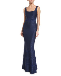St. John Collection Sequined Knit Square Neck Gown Sapphire