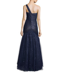 Monique Lhuillier Ml One Shoulder Gown With Tulle Overlay