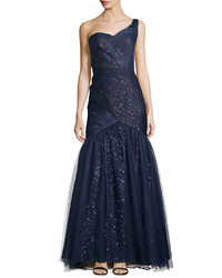 Monique Lhuillier Ml One Shoulder Gown With Tulle Overlay
