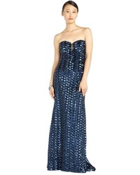 Badgley Mischka Navy And Black Stretch Sequined Detail Strapless Illusion Gown