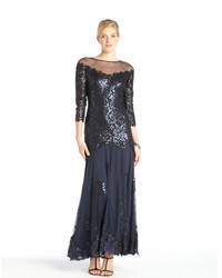 Tadashi Shoji Navy Sequined Cotton Blend Lace Long Sleeve Gown